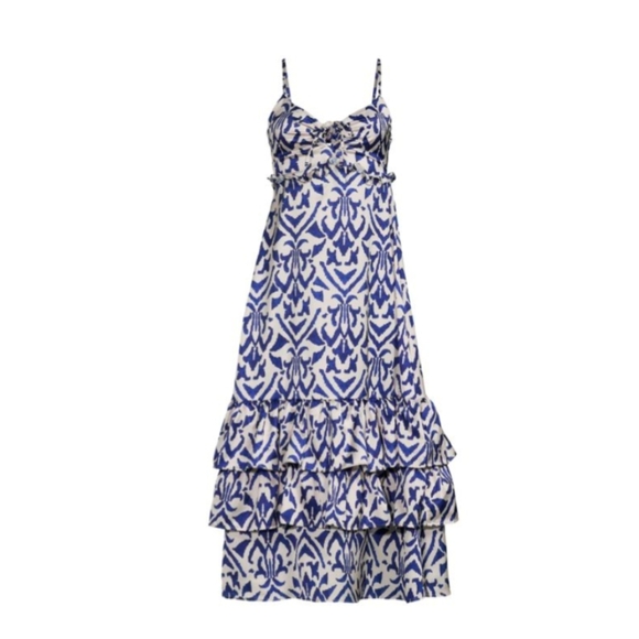 Elegant Blue and White Patterned Midi Dress - Picture 4 of 13
